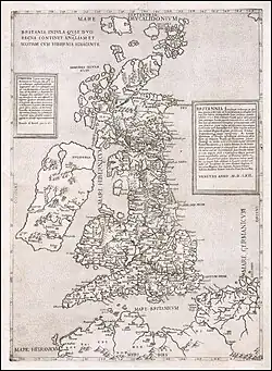 Britannia Insula Quae Duo Regna Continet Angliam Et Scotiam Cum Hibernia Adiacente, carte de la Grande-Bretagne (1562).