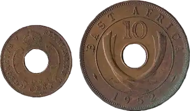 Pièces d’un cent et d’un shilling est-africain, frappées en 1952, revers, bronze.