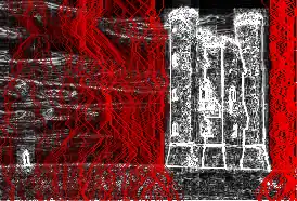 Chemins de l'image avec leur énergie ; en rouge, les chemins de faible énergie