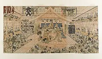 Intérieur d'une salle de kabuki, gravure sur bois de Utagawa Toyokuni vers 1800.