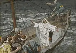 Barque sur mer déchaînée : les hommes entassés au pied du mas, le Christ en blanc, bras levé