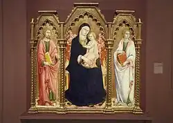 Sano di Pietro, Triptyque de la Vierge à l'Enfant, Saint Jacques et Saint Jean l'Évangéliste, v. 1460-1462.