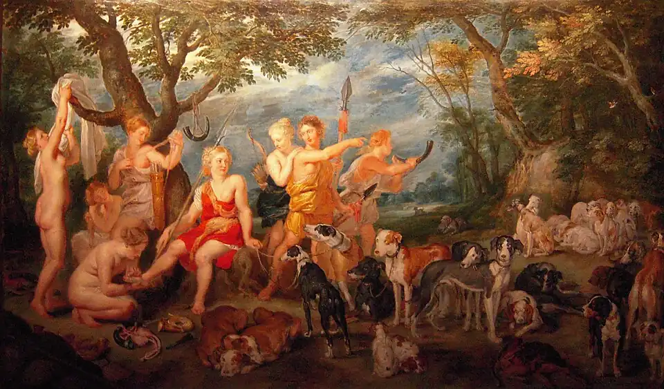 Pierre Paul Rubens et Jan Brueghel l'Ancien, Diane et ses nymphes s'apprêtant à partir pour la chasse, vers 1623-1624.