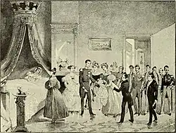 gravure en noir et blanc représentant la reine alitée dans un lit avec ciel dans la même chambre que le roi en uniforme qui se penche vers un nouveau-né présenté par une dame de la cour.