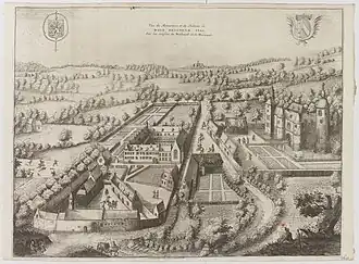 Vue du monastère et du château de Bois-Seigneur-Isaac - estampe publiée en 1729.
