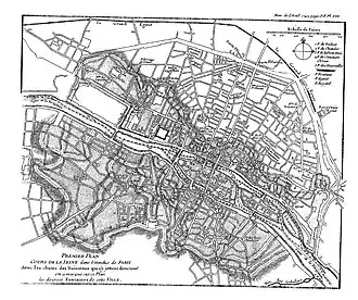 Premier plan : Cours de la Seine dans l'étendue de Paris avec les chutes des ruisseaux qui s'y jettent directement. On a marqué sur ce plan les diverses fontaines de cette ville (1742)