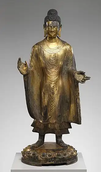Bouddha Maitreya (daté 486). Wei du Nord (386-534). Bronze doré avec traces de pigment; moulé en pièces séparées. H. 1,405 m. Met