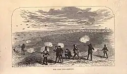 Gravure représentant plusieurs hommes en costume, avec des fusils à la main. Ils sont debout ou agenouillés dans un champ et tirent en direction d'une nuée d'oiseaux qui vole au-dessus d'eux.