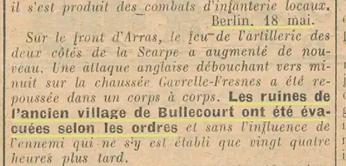 Article de l'armée allemande mentionnant que les ruines de Bullecourt ont été laissées aux mains des Anglais.