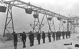 Photographie ancienne en noir et blanc montrant une file d'hommes portant un tuyau.
