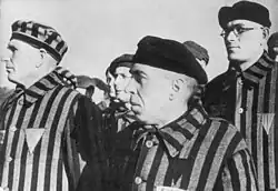 Insignes monotriangulaires de différentes couleurs visibles sur les détenus du camp de concentration de Sachsenhausen.