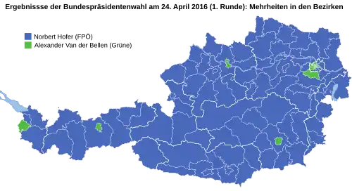 Grafische Aufbereitung der Mehrheitsverteilung auf Ebene der politischen Bezirke