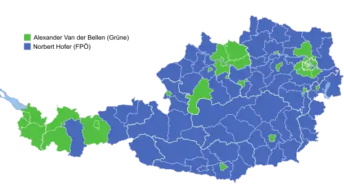 Grafische Aufbereitung der Mehrheitsverteilung auf Ebene der politischen Bezirke