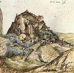 La ville et le château d’Arco, aquarelle sur papier d'Albrecht Dürer exposée au Louvre (1495).