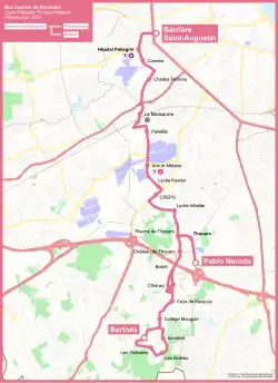 Carte de Bordeaux avec une ligne de couleur rose.