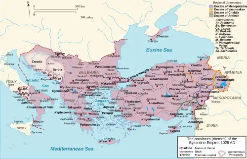 Carte des thèmes byzantins en 1025