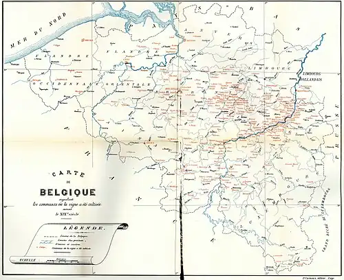 Carte des communes belges où la vigne a été cultivée avant le XIXe&nbsp;siècle