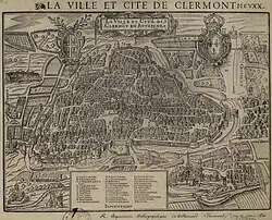 Église Saint-Pierre de Clermont sur le plan de François Fuzier de 1575. (Le nord est en bas. L'église Saint-Pierre est à droite, à la lettre G.)