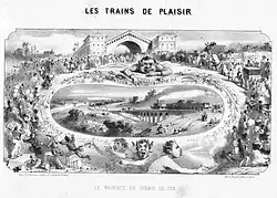 Les trains de plaisir, le touriste en chemin de fer. Gravure du dix-neuvième siècle.