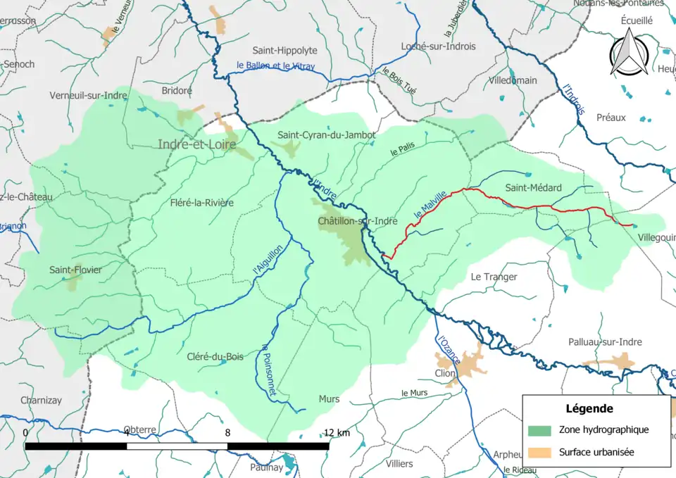 Le Malville (en rouge) et la zone hydrographique dans laquelle il s'insère.