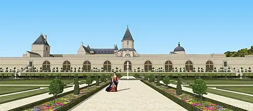 Restitution du château de Châtillon Coligny, au XVIIe siècle. Vue depuis l'allée centrale du parterre.