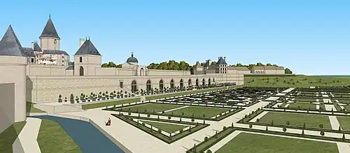 Restitution du château de Châtillon Coligny, au XVIIe siècle. Vue depuis la muraille de la ville.