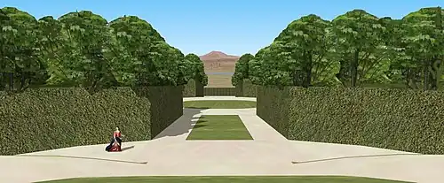 Château d'Issy, restitution de la vue depuis l'allée axée sur le Mont Valérien, état au début XVIIIe&nbsp;siècle.