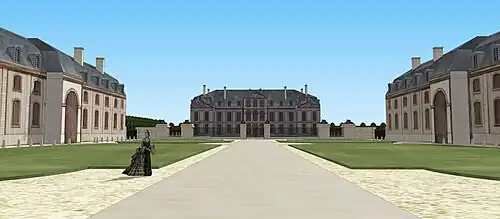Vue du château de Roissy depuis le portail d'entrée. XVIIIe siècle.