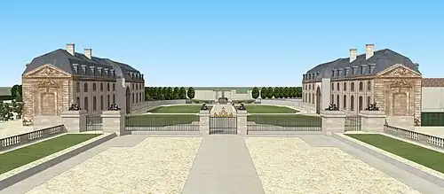 Vue sur la cour d'entrée depuis le premier étage du château. XVIIIe siècle.