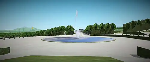 Vue d'artiste sur le bassin central des jardins d'Issy en regardant le château, état au début du XVIIIe&nbsp;siècle.