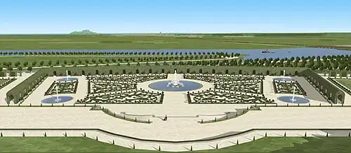 Restitution de la vue sur le parterre du Trianon du château de Saint-Cloud depuis la terrasse, vers 1700.