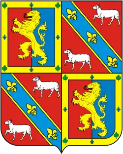 Bouclier des armoiries du marquis de Paraná avec les armes de la famille Leão composé d'un lion doré rampant sur un fond azure et rouge et des armes de la famille Carneiro composé de deux moutons sur un fond rouge et divisé par une bande azure contenant trois fleus de lys