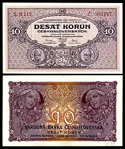 Billet de 10 couronnes tchécoslovaques de la première république (1927).
