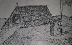 Croquis d'une petite cabane, au toit de paille avec pans descendant jusqu'au sol, surmonté d'une petite croix, avec porte ouverte donnant sur un petit autel