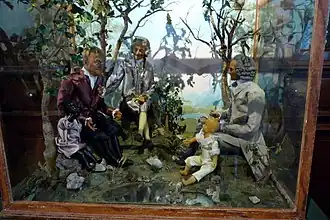 Franklin, Voltaire et Rousseau aux Champs Élysées (1792), cire polychrome.