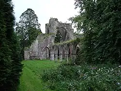 Ruines d'une église vues depuis l'entrée le long du côté gauche.