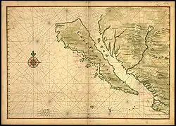 Une carte de Californie, dépeinte comme une île. Vers 1650.