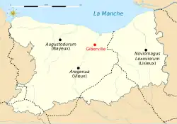 Localisation de Giberville sur la carte du Calvados actuel et en filigrane délimitations administratives du Bas-Empire romain