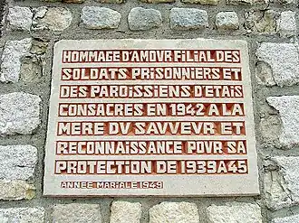Monument de la Vierge Marie, plaque commémorative de 1949, année mariale.
