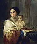 Mère avec enfant dans ses bras puisant de l'eau bénite, 1852