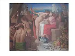 Personnages habillés à l'antique devant un port avec grappes de fruits.