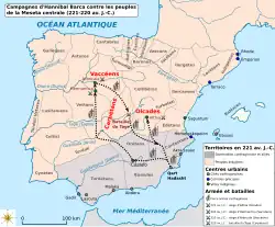 Carte sur les campagnes d'Hannibal Barca en péninsule Ibérique en partant de Qart Hadash