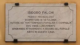 Plaque à Isidoro Falchi, Campiglia Marittima.