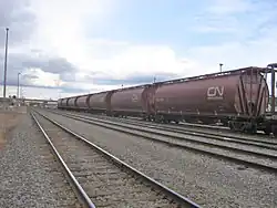 Des wagons-silos de forme cylindrique (wagon-citerne) sur les chemins de fer canadiens.