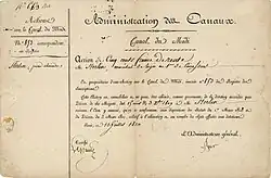 Action du Canal du Midi de 500 francs, émise à Paris le 10 juillet 1810 au nom du quartier-maître du 1er régiment de cuirassiers Monsieur Sterlin. Fondée le 10 mars 1810 par Napoléon Bonaparte au capital de 10 millions de francs, divisé en 1000 actions de 10.000 francs chacune, avec un dividende annuel fixe de 500 francs.