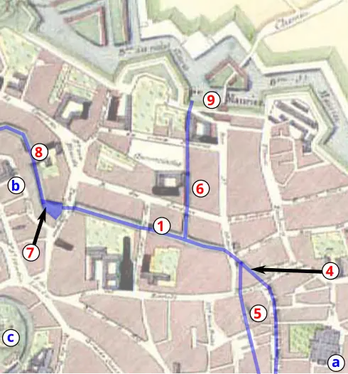 1708
1 Canal des Sœurs Noires4 id.5 id.6 Canal des Vieux Hommes7 Abreuvoir Saint-Jacques.8 Canal du Pont de Flandres.9 Porte Saint-Maurice et fossé du rempart.

a Église Saint-Maurice.b Emplacement du château de Courtrai.c Motte castrale.