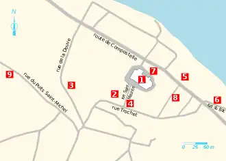 Carte localisant par des numéros de repères renvoyant au texte des édifices remarquables dans une ville.