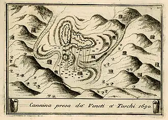Plan de sol du château, montrant les positions de l'armée vénitienne pendant le siège de 1690 et lorsque les Vénitiens ont pris la forteresse aux Ottomans.