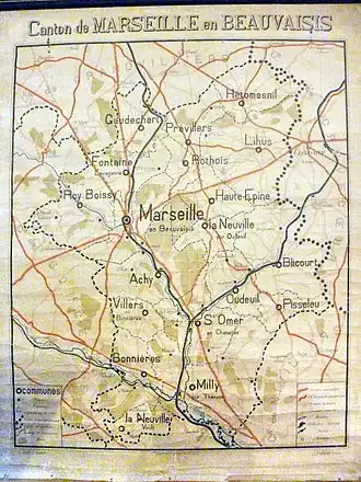 La partie sud de la ligne est clairement visible (en noir) sur cette carte du canton de Marseille-en-Beauvaisis