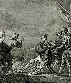 Gravure montrant un homme barbu avec une couronne sur la tête. Il est assis sur un siège et désigne de la main droite la mer qui s'étend derrière lui, sur laquelle vogue un navire. Autour de lui se tiennent quatre hommes dans diverses postures de déférence.